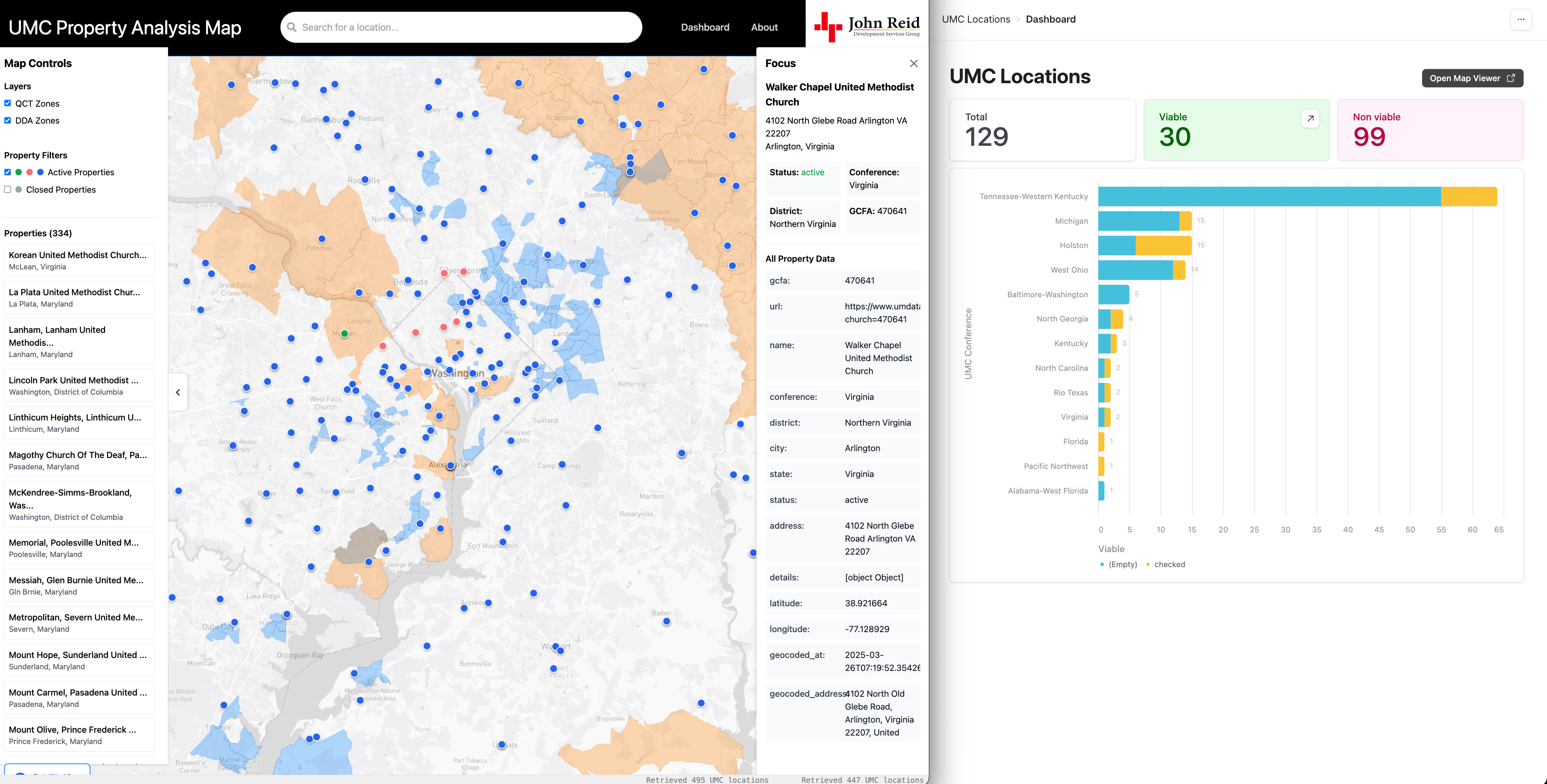 Property analysis application with geographic layers, property records, and a reporting dashboard