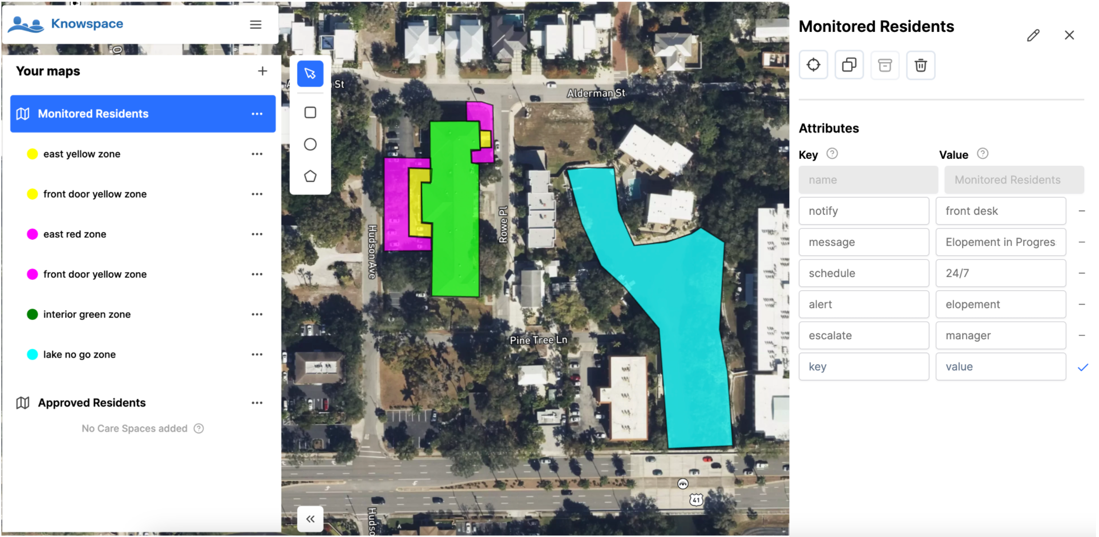 Assisted living monitoring interface showing facility zones and location-based alert settings